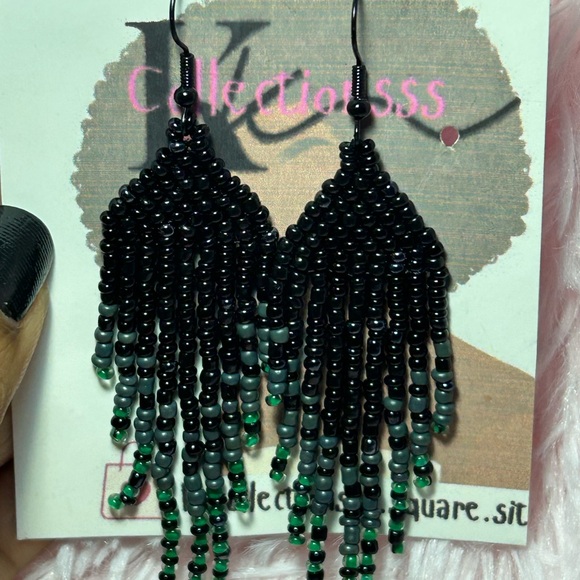 Black & Gray Beaded Fringe Earrings with Green Accents - Picture 3 of 3